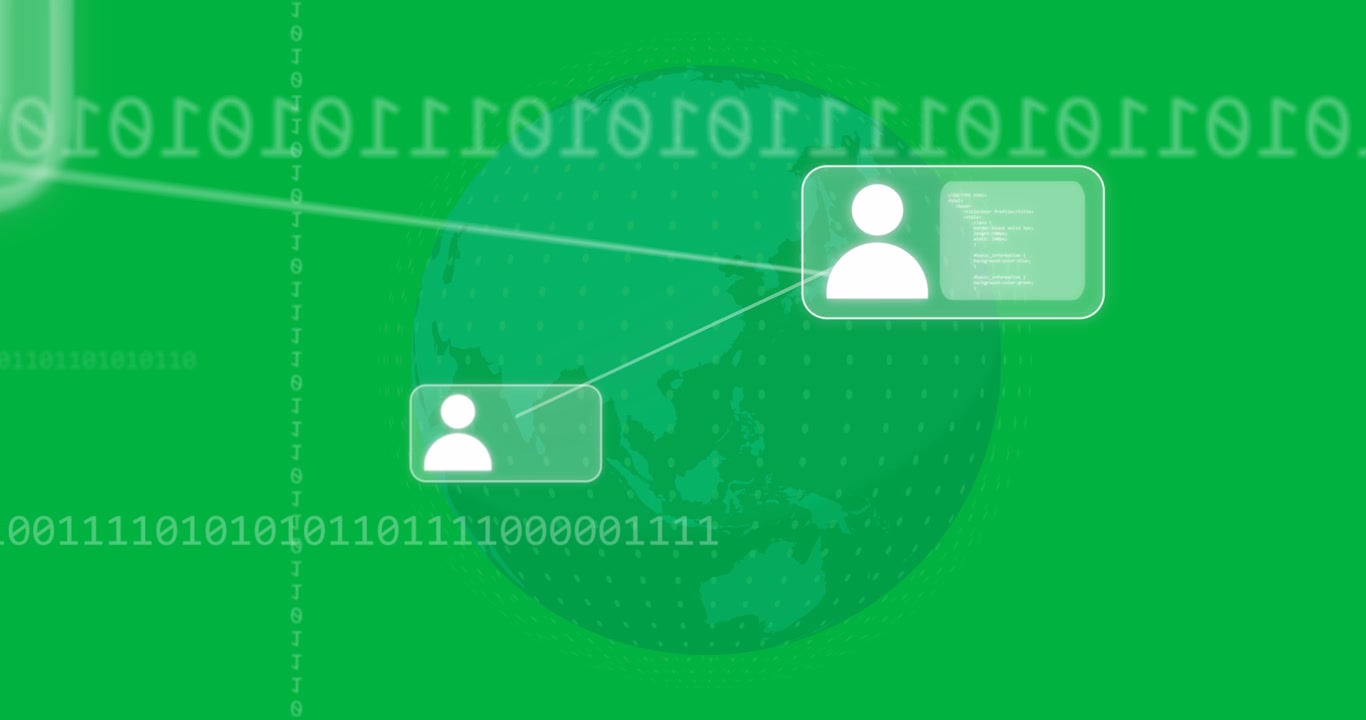 Animasjon av globus, nettverk med ikoner, databehandling med binær koding over gjennomsiktig bakgrunn