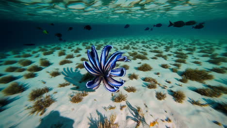 underwater scene with a nautilus-like creature on a sandy seafloor