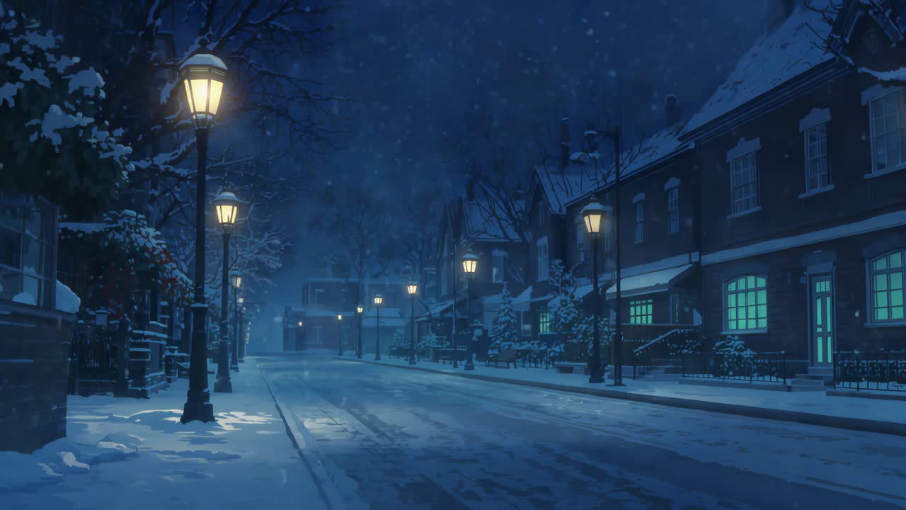 Drifting snowflakes settling on frozen street and branches under ornate lamppost glow, copy space