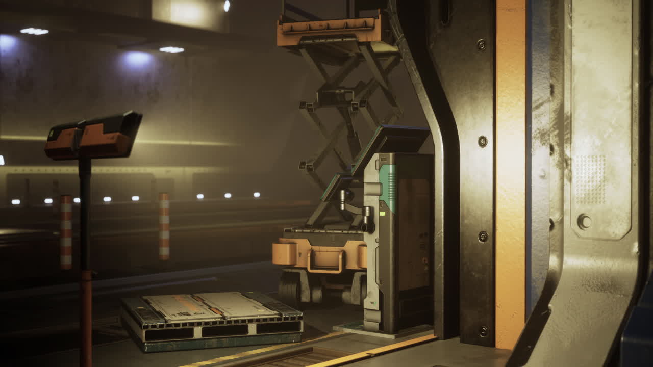 Industrial loading dock with scissor lift and equipment in dim lighting