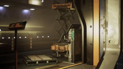 industrial loading dock with scissor lift and equipment in dim lighting