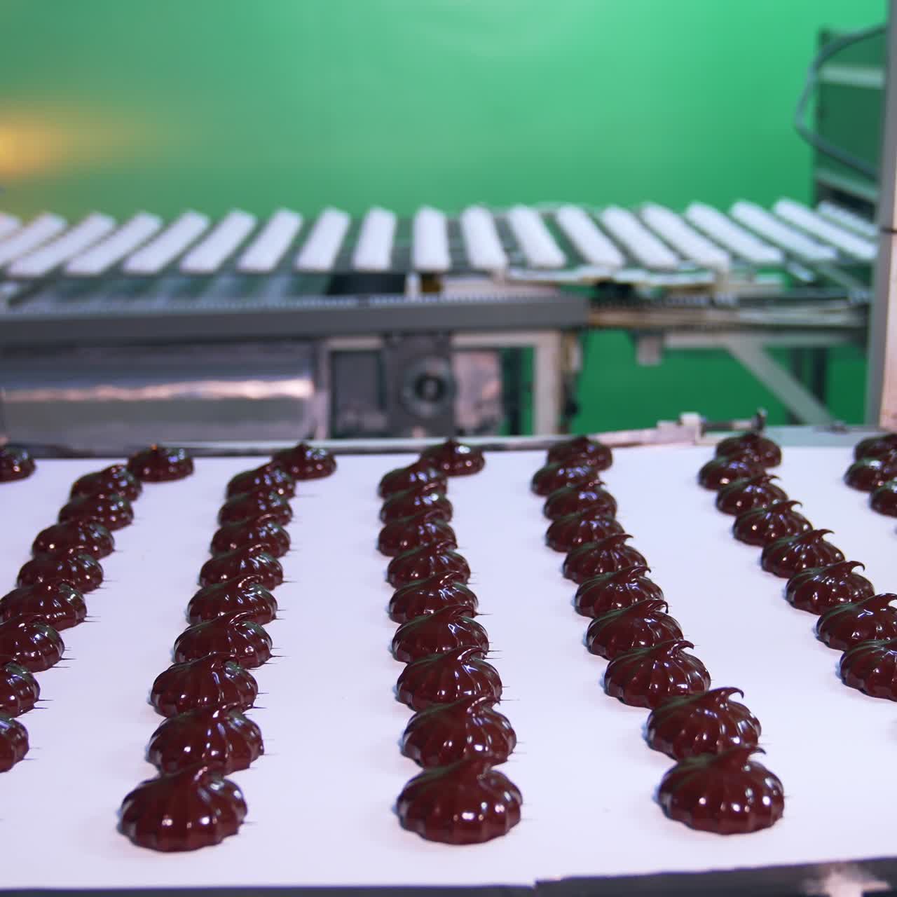 Marshmallow candies freshly covered with shiny chocolate. Conveyor belt transporting sweet desserts at modern confectionery factory