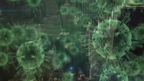 Animation-of-green-corona-virus-with-city-in-background