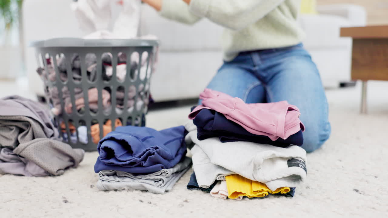 Hands, fold laundry and person with  pile of clean