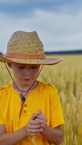 portrait of a smiling boy outdoors. little child in straw hat and yellow t-shirt standing inside the agriculture field and looking to camera. vertical video