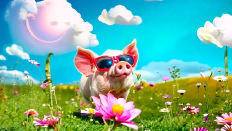 a pig wearing sunglasses walking through a field of flowers