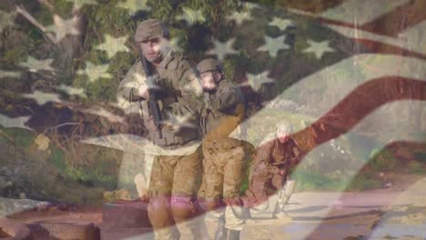 animation of flag of usa over diverse soldiers