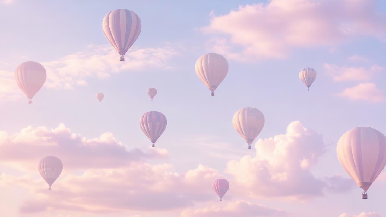 A Serene Sky Filled with Colorful Hot Air Balloons Floating Lightly Among Soft Clouds During a Tranquil Dawn or Dusk, Capturing the Beauty of Aerial Adventures