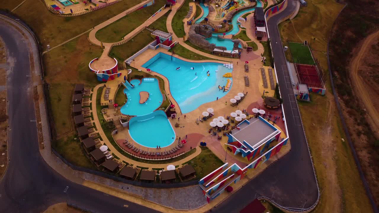 Aerial top view of Sunrise Water Park in Abuja, Nigeria during evening.