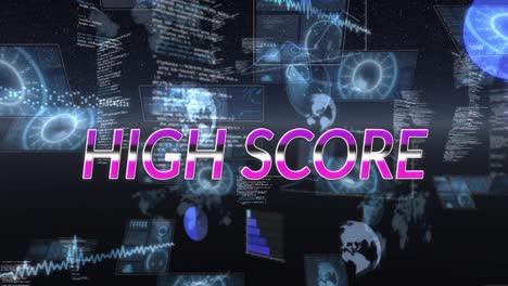 Animation-Von-High-Score-Text-Und-Datenverarbeitung-Auf-Schwarzem-Hintergrund