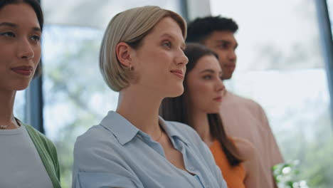 group people listening speech business conference office close up. team together