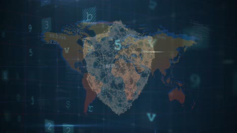 Animation-of-cyber-security-concept-icons-and-data-processing-against-world-map-on-blue-background