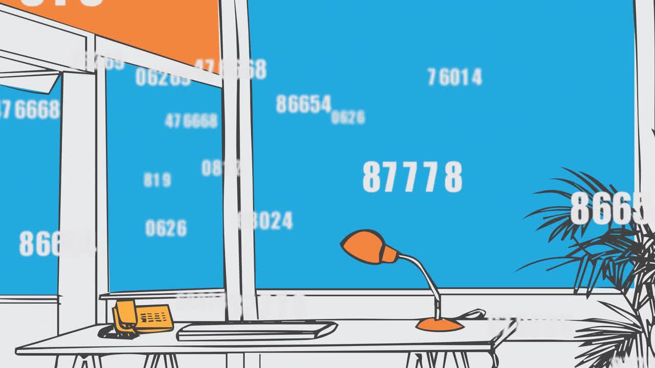 Data processing over desk in office by window with blue sky