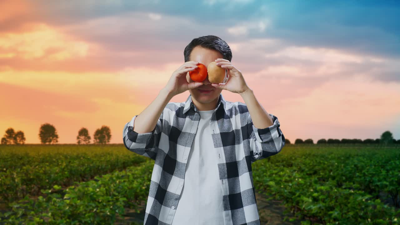 아시아 남성 농부 가  에서 감자 와 토마토 를 가지고 놀고 있다