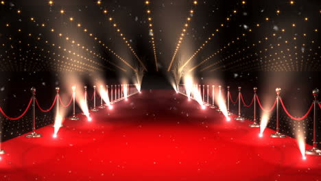 animation of snowflakes falling over red carpet venue with moving spotlights