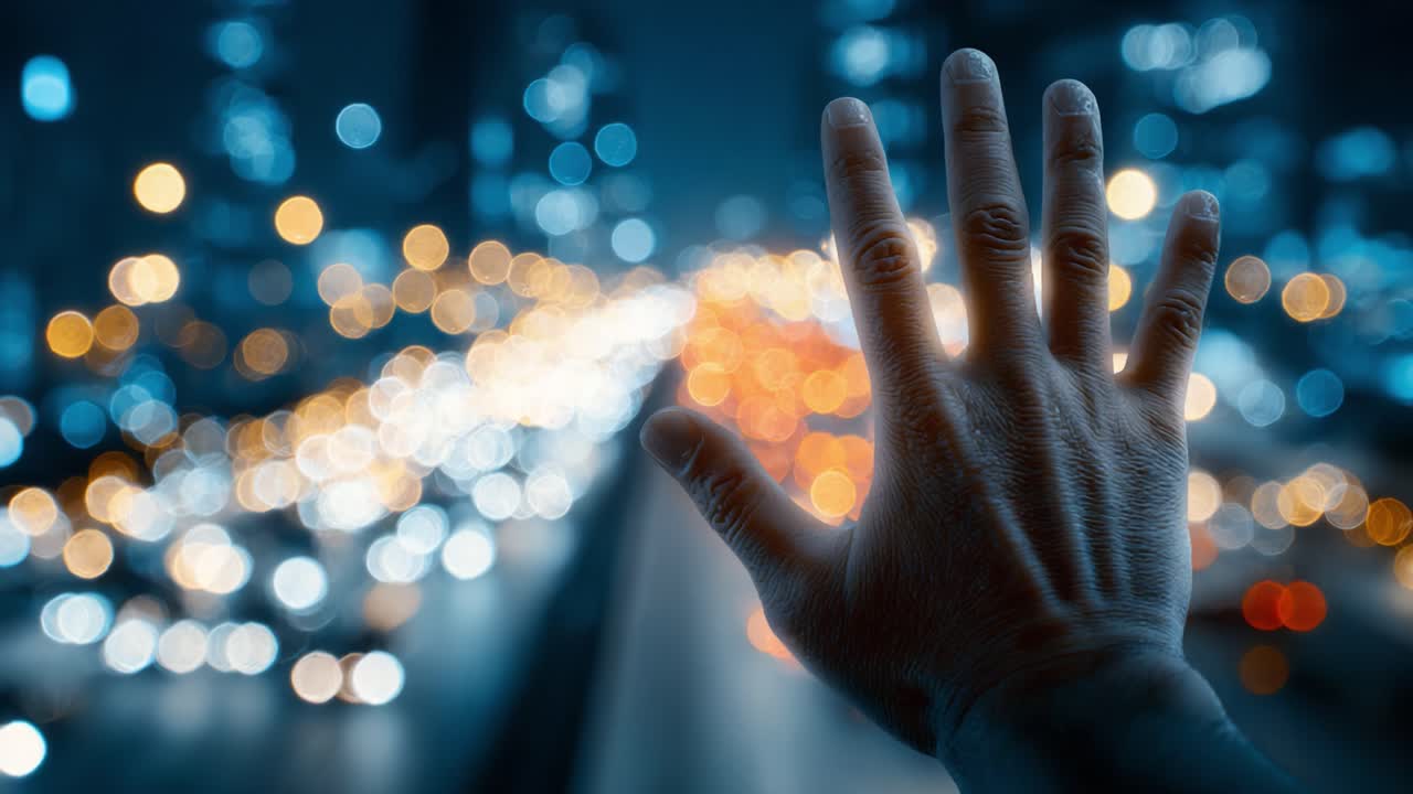 A Close-Up of an Outstretched Hand Against a Blurred Cityscape at Night, Showcasing the Contrast Between Human Touch and Urban Environment