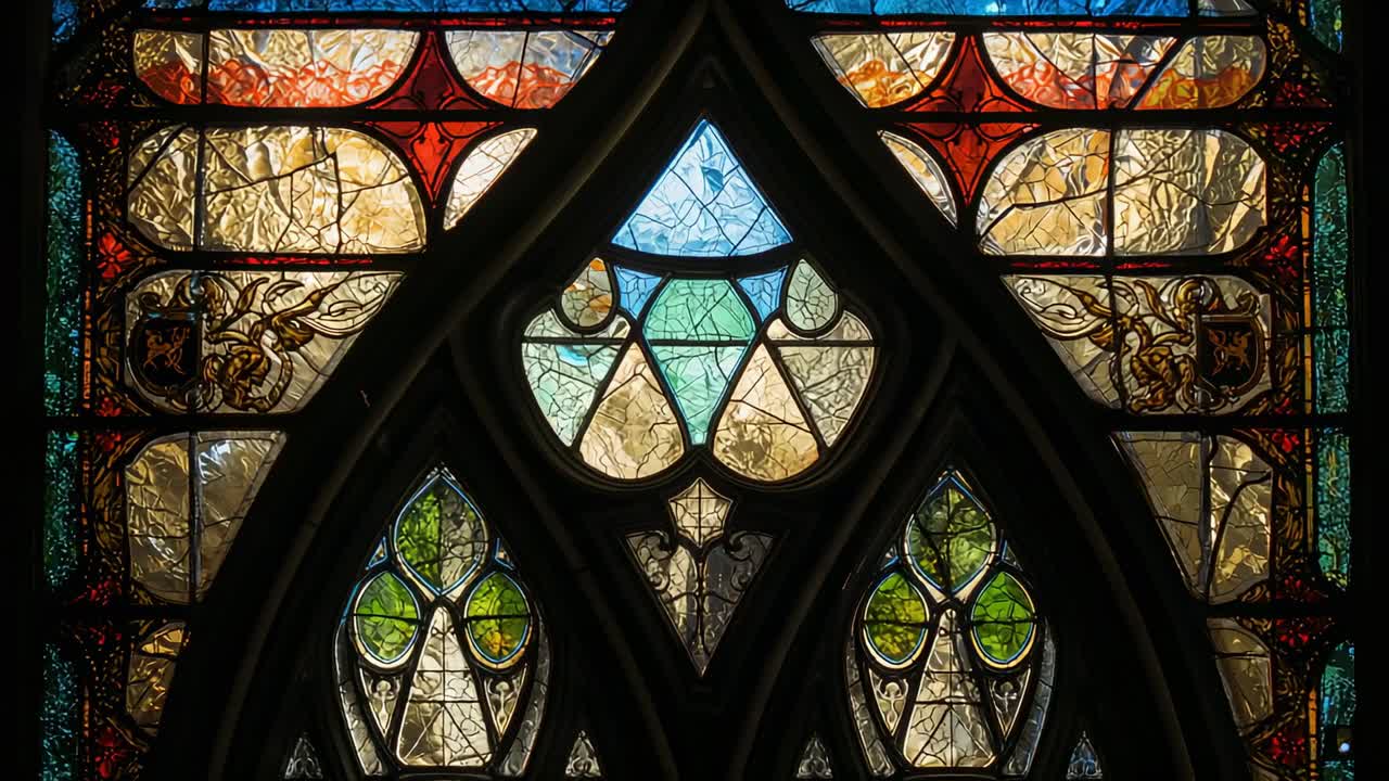 Shifting light filtering through stained glass window with tracery in church, showing color shifts