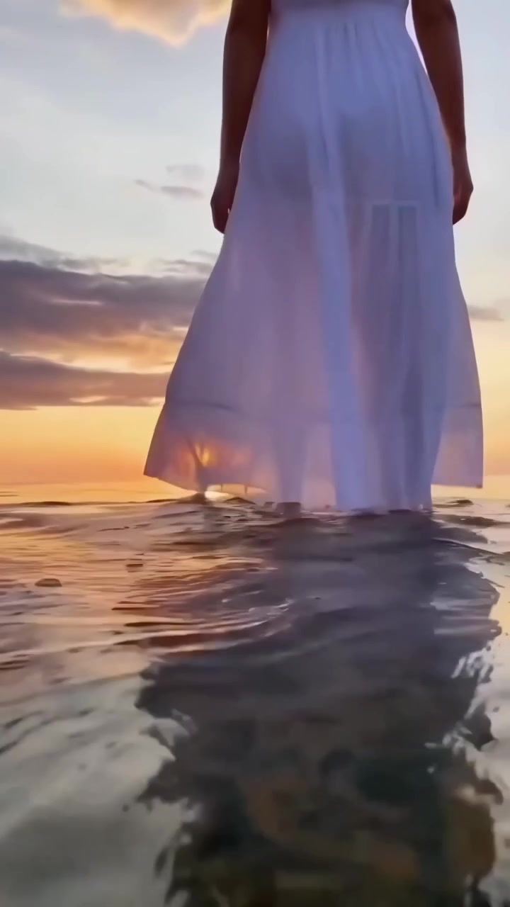 Donna in abito bianco che cammina nell'acqua bassa al tramonto.