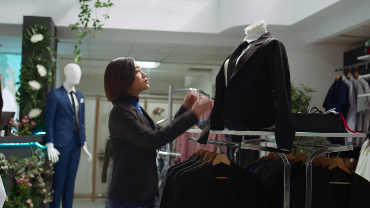 의류 가게 에서 의상 을 보고 있는 여자