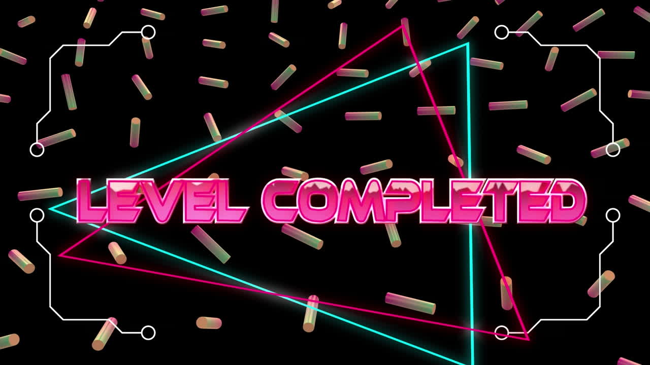 검은색 배경에 삼각형과 다채로운 롤러를 통해 완료 된 수준의 애니메이션