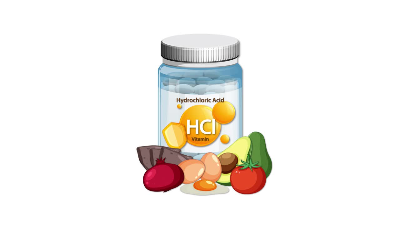 Vitamin supplement bottle labeled HCl gradually surrounded by assorted vegetables and healthy food items