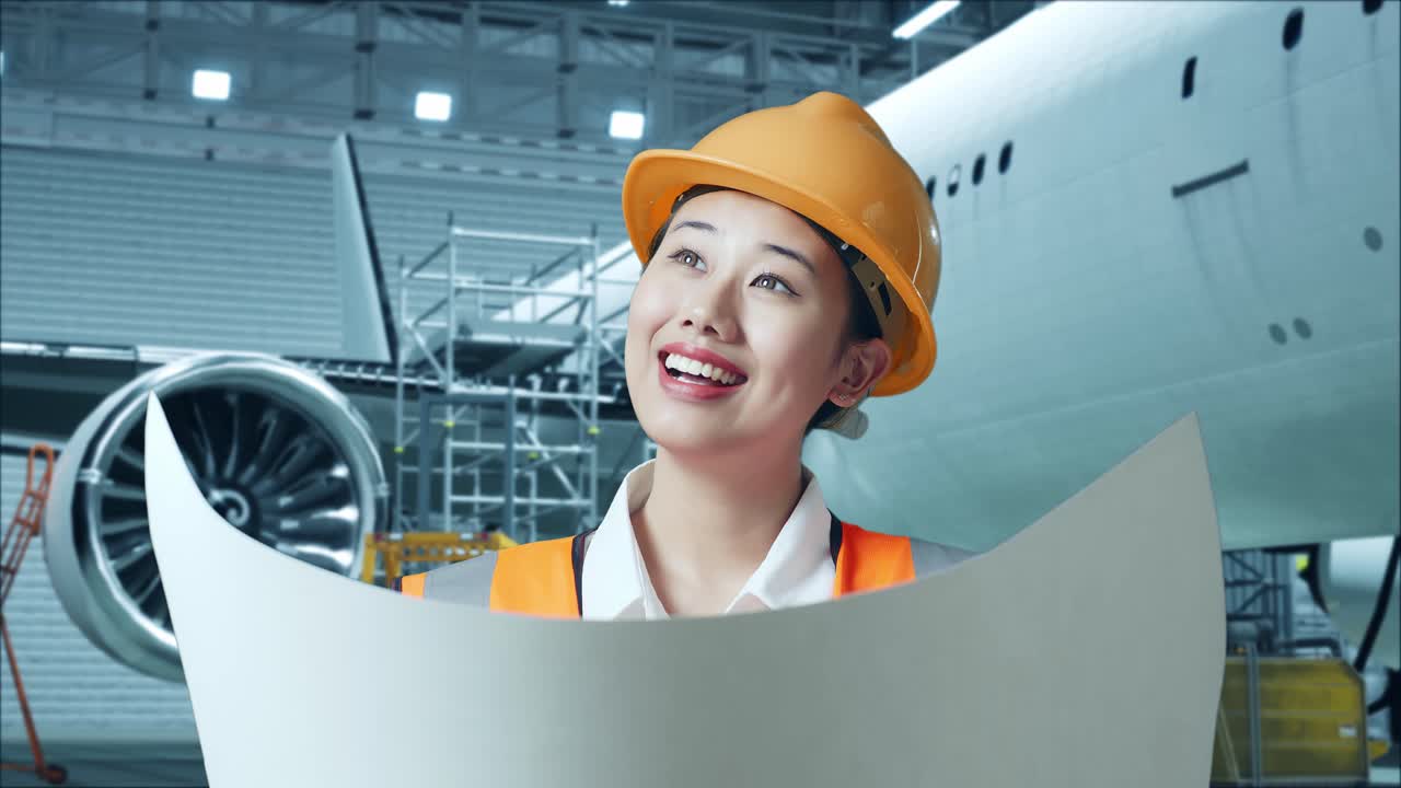 안전 헬을 입은 아시아 여성 엔지니어가 손에 블루프린트를 들고 거에 있는 항공기와 함께 서 있는 동안 주위를 둘러보고 있습니다.