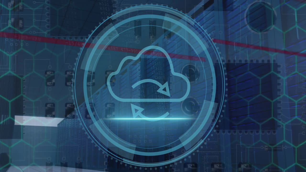 animación del procesamiento de datos y el alcance con servidores informáticos en la nube