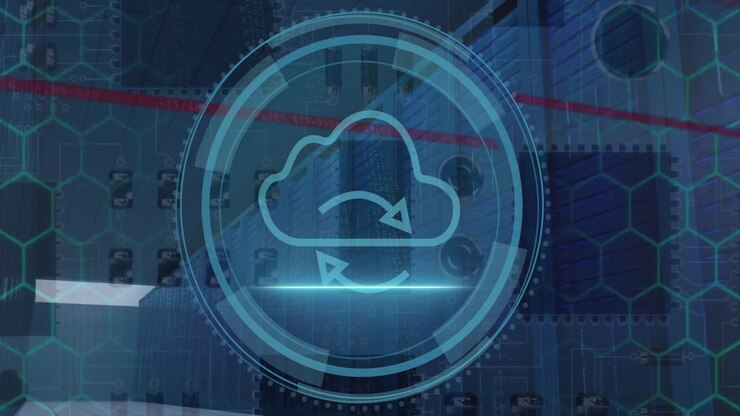 Animation of data processing and scope with cloud over computer servers