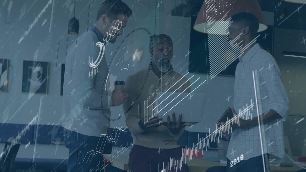 Three men collaborating in business office, displaying digital graphs on laptop and tablet