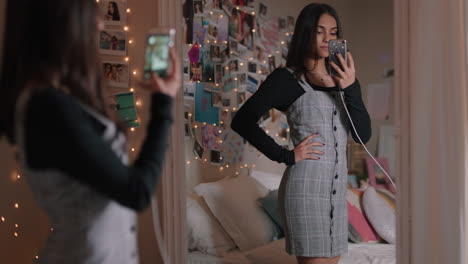 hermosa adolescente tomando una foto selfie usando un teléfono inteligente posando en el espejo compartiendo moda elegante en las redes sociales disfrutando del fin de semana en casa autoimagen adolescente
