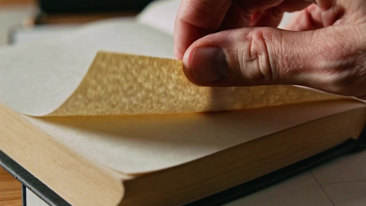 Sollevando dall'alto, la mano destra sfoglia un foglio protettivo su un libro rilegato sulla scrivania, rivelando la pagina bianca successiva