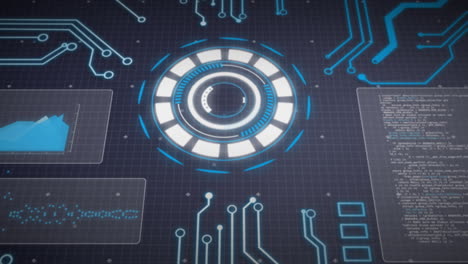 Animation of arc reactor, graphs, computer language and circuit board pattern over black background