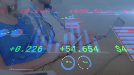 Animation-of-statistics-processing-over-woman-using-smartphone