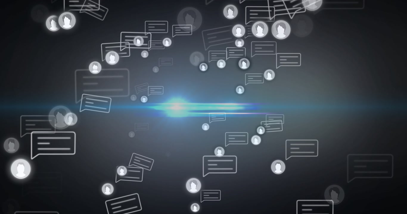 opening floating icons, bubbles drifting toward blue beam, clustering then showing messaging flow
