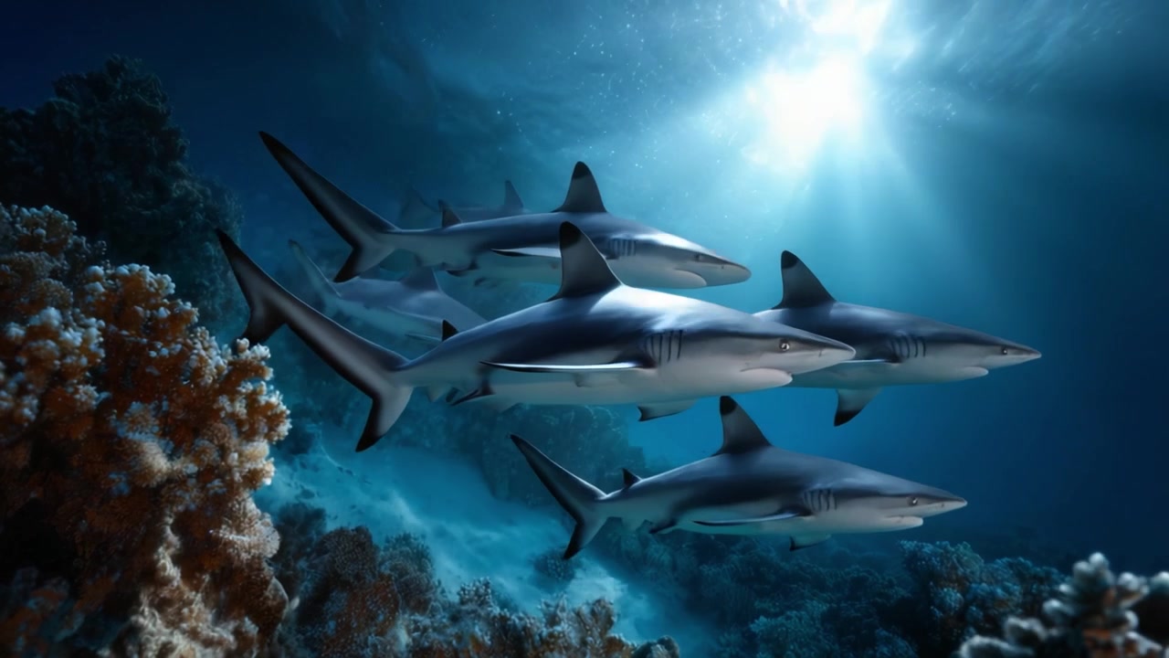 A Dynamic Group of Sharks Gliding Through the Vibrant Coral Reef Underwater, Illuminated by Rays of Sunlight Streaming From Above, Capturing Oceanic Wildlife.