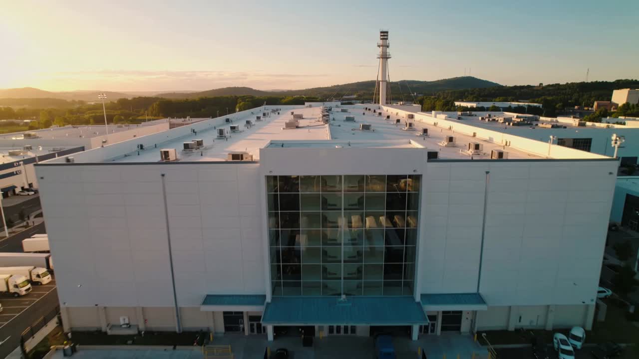 Pulling back aerial camera revealing white warehouse at logistics park, showing trailer staging