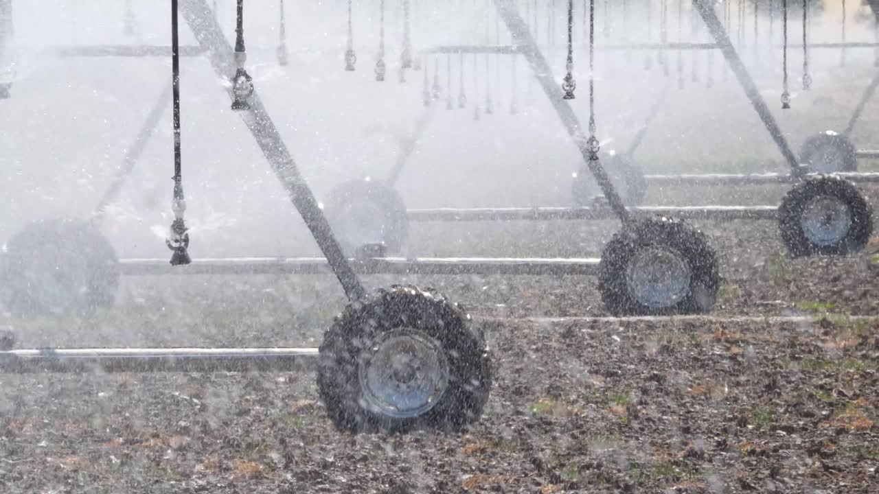 крупным планом колесо поворотного механизма за работой на картофельном поле, поливает культуру для роста