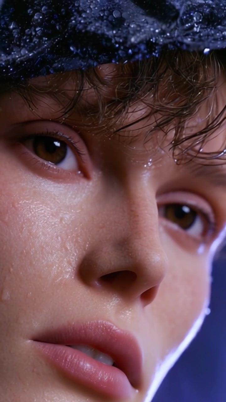 A close-up exploration of a seemingly serene face adorned with delicate droplets, highlighting the intricate details of skin texture, features, and the emotion captured in the gaze.