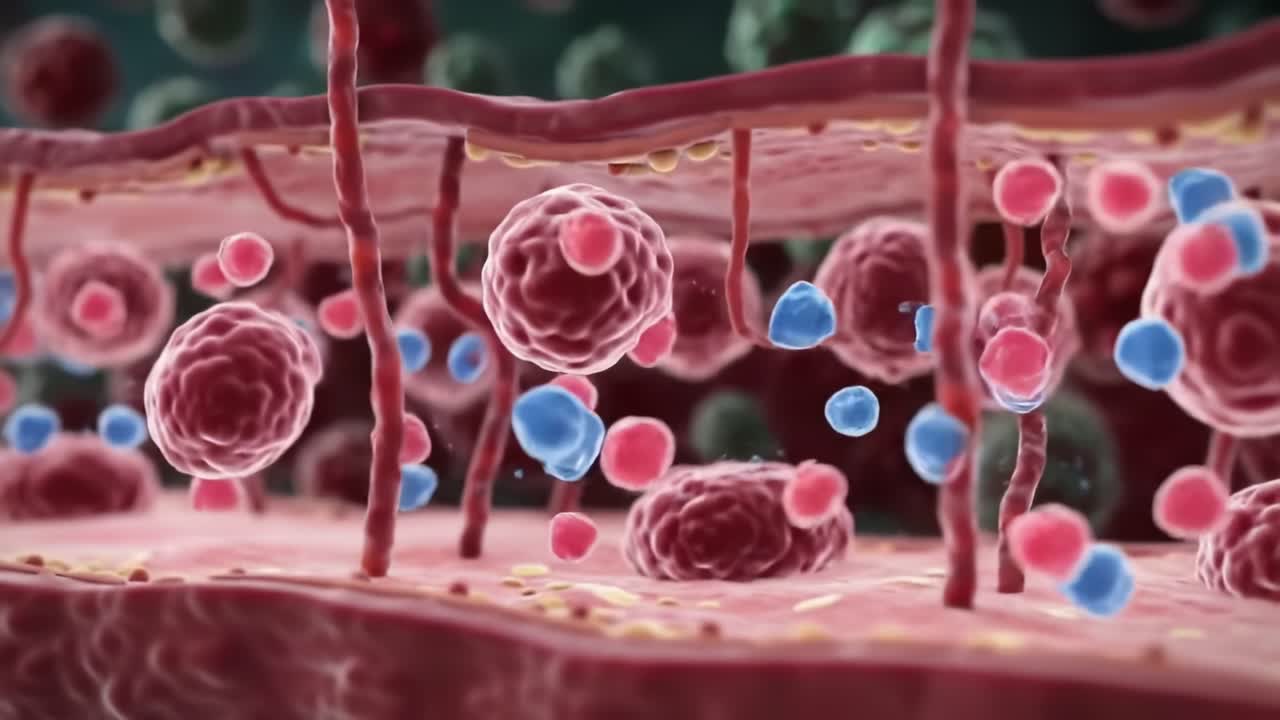 Intricate Visualization of Cellular Dynamics in a Blood Vessel, Depicting the Interaction and Movement of Various Cells and Molecules Within a Vascular Environment