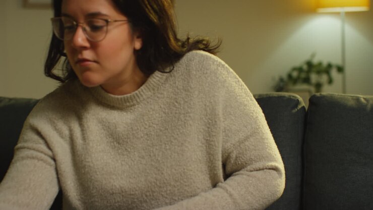 Young Woman Spending Evening At Home Lying On Sofa Taking Call On Mobile Phone
