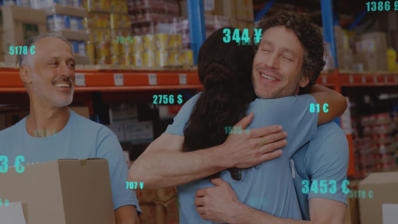 animación del procesamiento de datos financieros sobre sonrientes voluntarios diversos en el almacén.