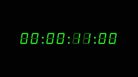 8-digits 60 seconds (1 minute) digital clock counting timer. green digits on black color background. retro digital alarm clock