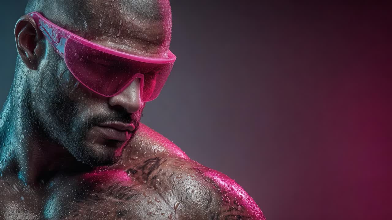 A Stunning Portrait of a Muscular Model with Pink Sunglasses and Shimmering Skin Captured in a Dynamic Lighting Setup, Exuding Confidence and Style