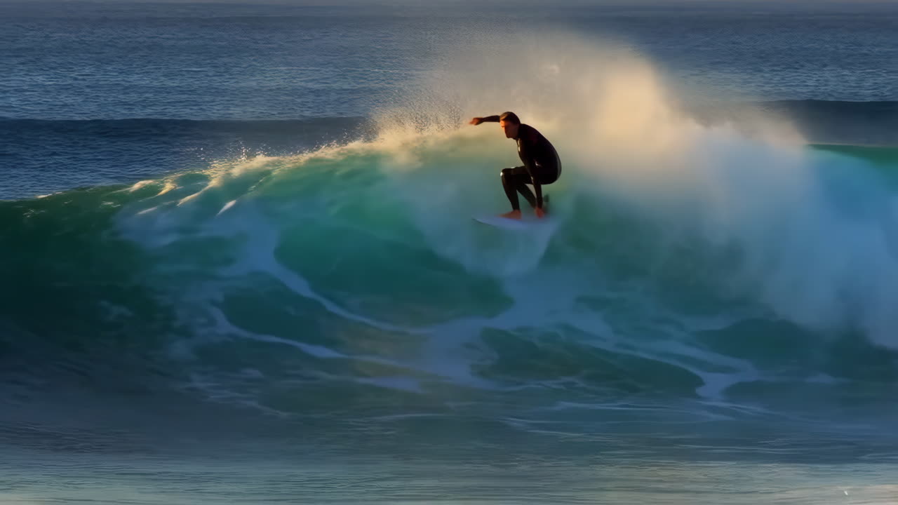 Surfista che cavalca un'onda verde potente
