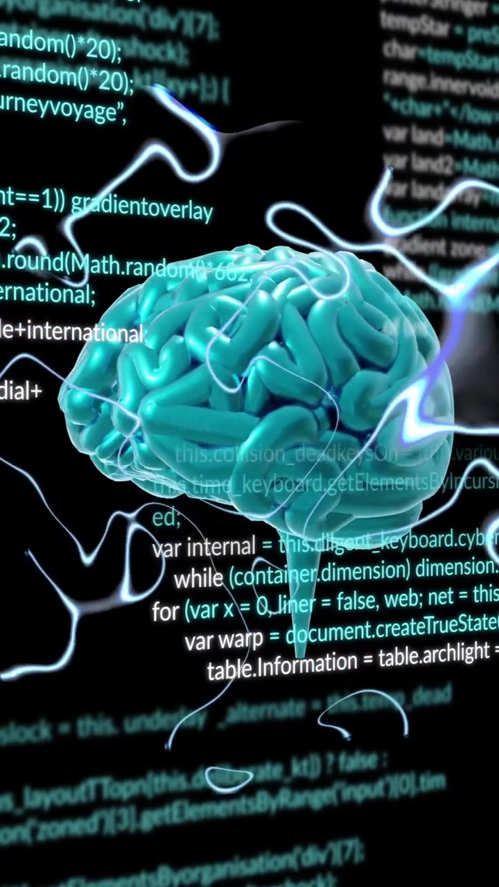 Animation of human brain and ai data processing over black background
