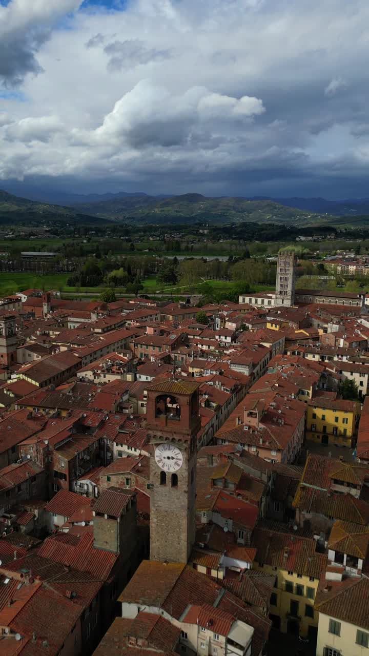 Historic city of Lucca, Italy Torre Guinigi medieval town aerial drone vertical video