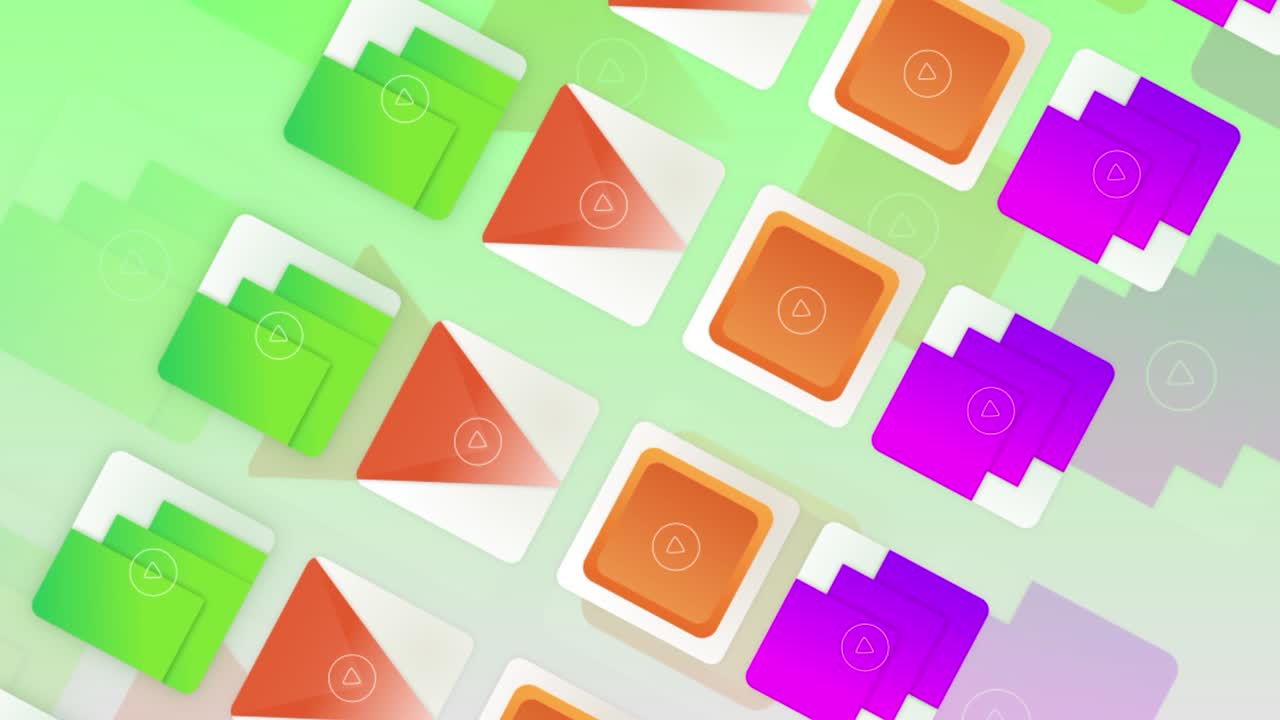 다채로운 컴퓨터 또는 스마트 폰 아이콘을 다채로운 그라디언트 배경에 시각화합니다. 모션. 다른 유형의 폴더와 삼각형 모양의 플레이 아이콘.