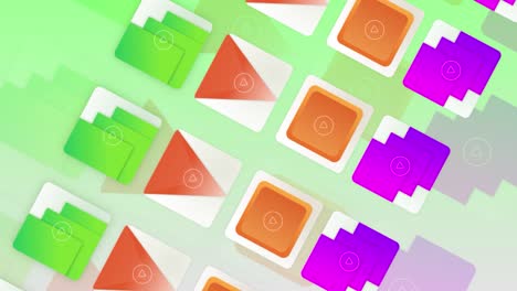 visualización de coloridos iconos de computadora o teléfono inteligente en un fondo de gradiente colorido. movimiento. diferentes tipos de carpetas y icono de juego de forma triangular