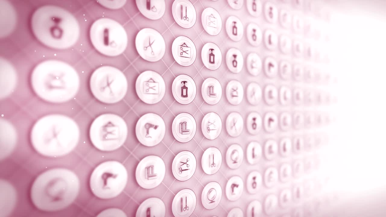 conjunto de iconos de peluquería, fondo de artículos de pelucería, animación de bucle cg,