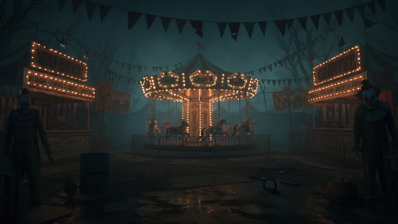 A Spooky Carnival Scene: A Ghostly Carousel Surrounded by Clowns in an Eerie, Dimly Lit Fairground Setting Filled with Dark Atmosphere and Haunting Elements